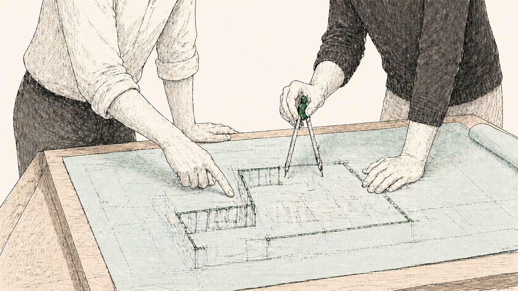 A solitary architect's drafting compass set down on a half-marked blueprint, suggesting deliberate design leadership applied for a fixed period rather than a permanent role.