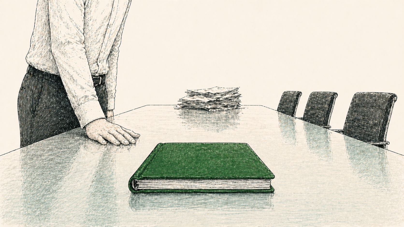 A single tightly-bound report sitting on the head of a board table while a thick stack of papers sits ignored at the far end, suggesting a board-ready document instead of a long internal deck.